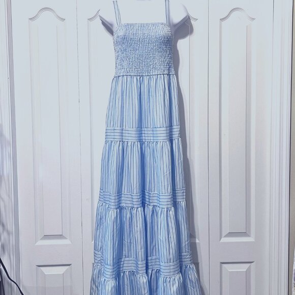 No Brand Dresses & Skirts - Maxi Striped Blue/Lilac Dress-Size Med.-Ruffled Layered Stretch Dress-NWOT
